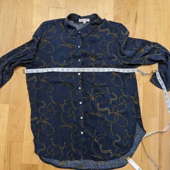 GRAND & GREENE chain print Navy blouse button down shirt adjustable sleeves L @P - Picture 7 of 14